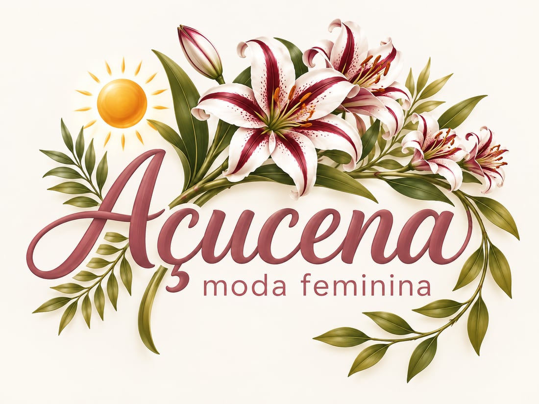 Logo Açucena Moda Feminina: açucenas brancas e vinho com folhas e um sol